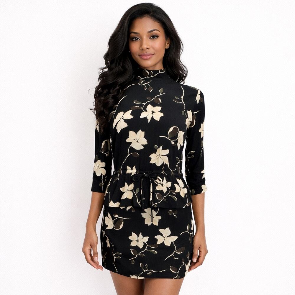 Ganni 1621 Rosemont Crepe Dress ¾” Sleeves Black Cream Floral Size 36 EU, 4 US